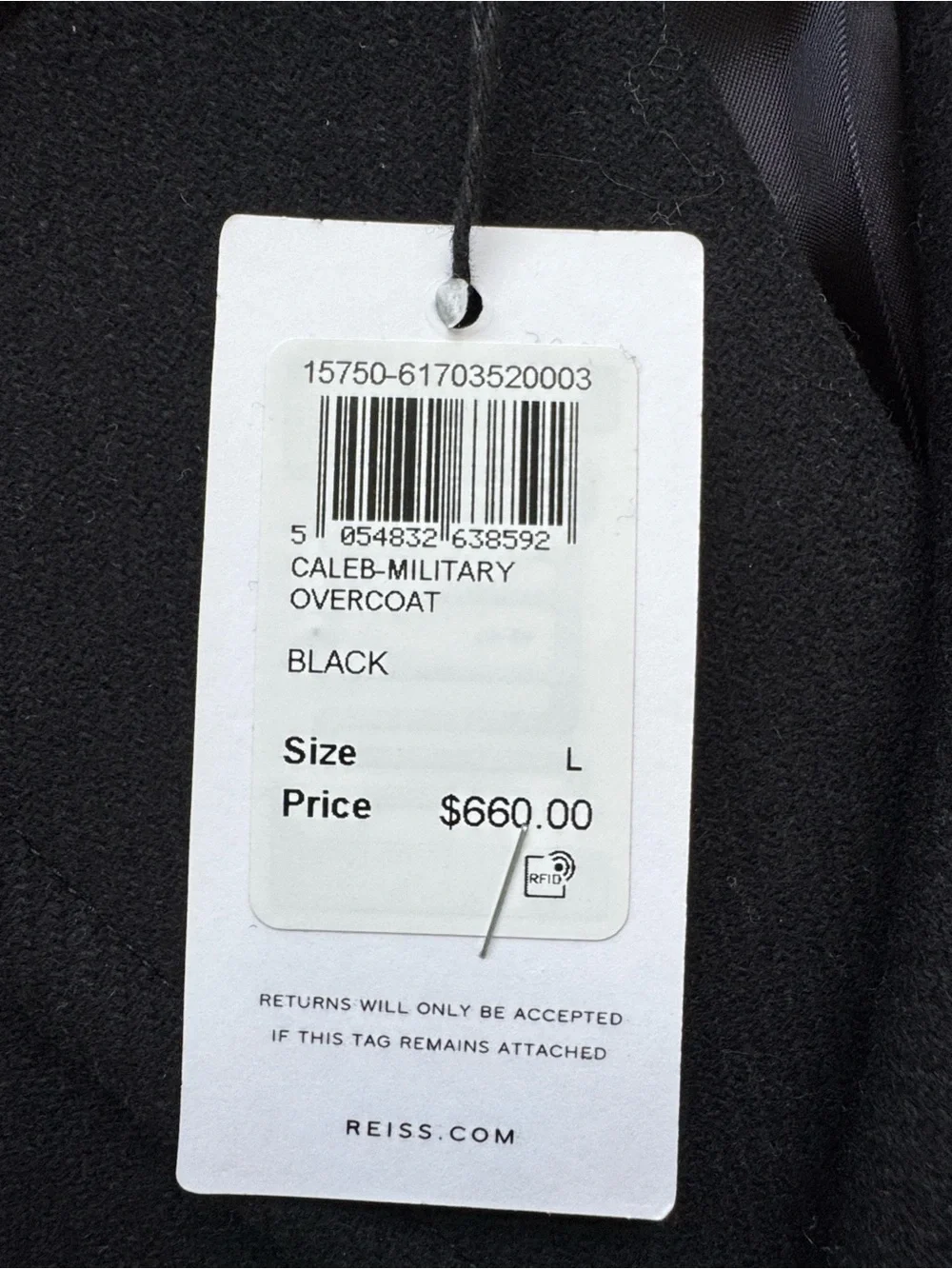 Reiss Caleb Military Overcoat Black Double Breasted Wool Blend Coat Men L NWT
